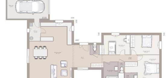 Plan de maison Surface terrain 120 m2 - 4 pièces - 3  chambres -  avec garage 