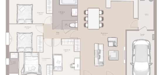 Plan de maison Surface terrain 103 m2 - 5 pièces - 4  chambres -  avec garage 