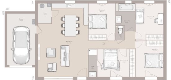 Plan de maison Surface terrain 100 m2 - 5 pièces - 4  chambres -  avec garage 
