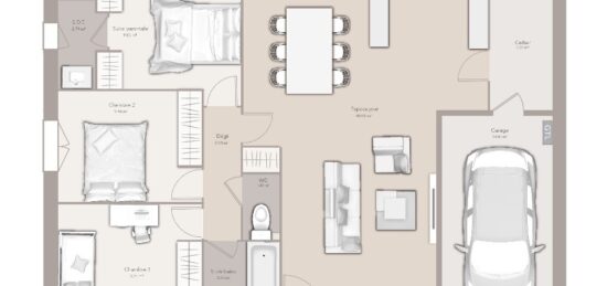 Plan de maison Surface terrain 84 m2 - 4 pièces - 3  chambres -  avec garage 