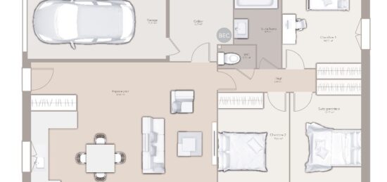 Plan de maison Surface terrain 90 m2 - 4 pièces - 3  chambres -  avec garage 