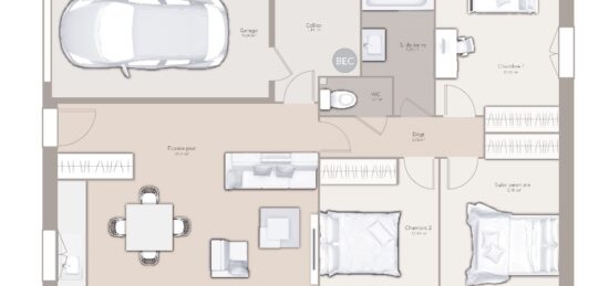 Plan de maison Surface terrain 80 m2 - 4 pièces - 3  chambres -  avec garage 