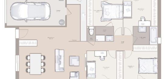 Plan de maison Surface terrain 100 m2 - 5 pièces - 4  chambres -  avec garage 