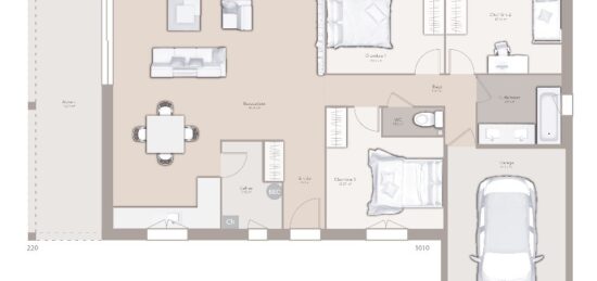 Plan de maison Surface terrain 90 m2 - 4 pièces - 3  chambres -  avec garage 