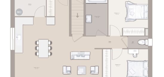 Plan de maison Surface terrain 70 m2 - 3 pièces - 2  chambres -  avec garage 