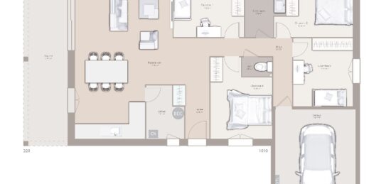 Plan de maison Surface terrain 100 m2 - 5 pièces - 4  chambres -  avec garage 