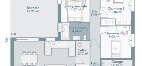 Plan de maison Surface terrain 110 m2 - 5 pièces - 4  chambres -  avec garage 