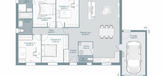Plan de maison Surface terrain 105 m2 - 4 pièces - 4  chambres -  avec garage 
