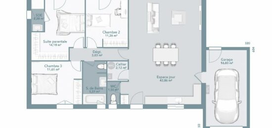 Plan de maison Surface terrain 95 m2 - 4 pièces - 3  chambres -  avec garage 