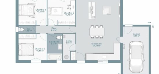 Plan de maison Surface terrain 83 m2 - 4 pièces - 3  chambres -  avec garage 