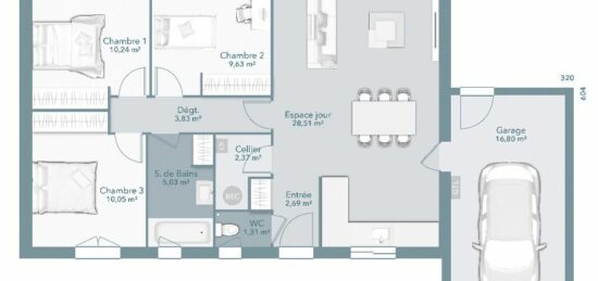 Plan de maison Surface terrain 73 m2 - 4 pièces - 3  chambres -  avec garage 