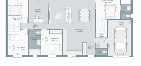 Plan de maison Surface terrain 125 m2 - 6 pièces - 5  chambres -  avec garage 