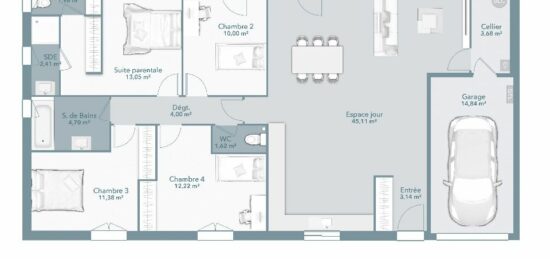 Plan de maison Surface terrain 113 m2 - 5 pièces - 4  chambres -  avec garage 