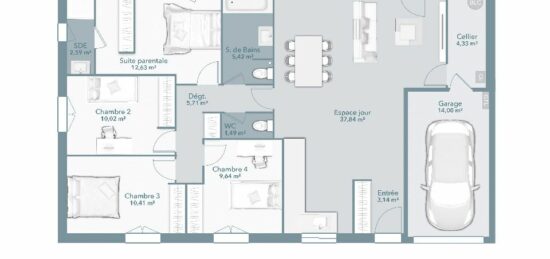 Plan de maison Surface terrain 103 m2 - 5 pièces - 4  chambres -  avec garage 