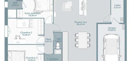 Plan de maison Surface terrain 84 m2 - 5 pièces - 3  chambres -  avec garage 