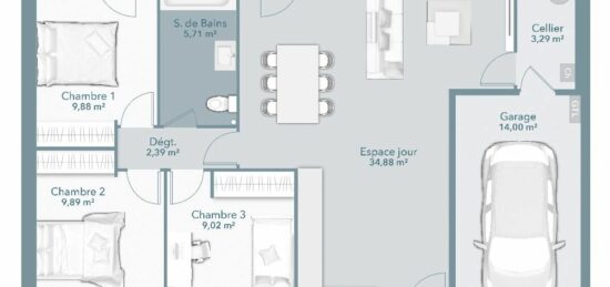 Plan de maison Surface terrain 75 m2 - 4 pièces - 3  chambres -  avec garage 