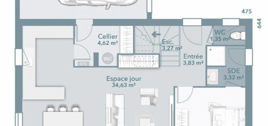 Plan de maison Surface terrain 95 m2 - 4 pièces - 3  chambres -  avec garage 