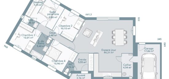 Plan de maison Surface terrain 112 m2 - 4 pièces - 4  chambres -  avec garage 