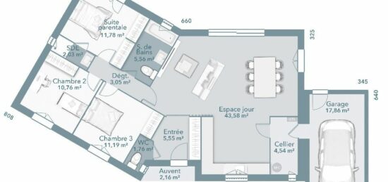 Plan de maison Surface terrain 100 m2 - 4 pièces - 3  chambres -  avec garage 