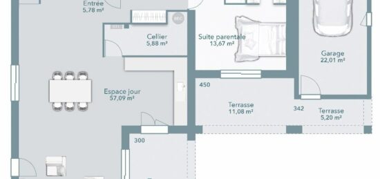 Plan de maison Surface terrain 140 m2 - 6 pièces - 4  chambres -  avec garage 