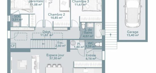 Plan de maison Surface terrain 100 m2 - 5 pièces - 3  chambres -  avec garage 