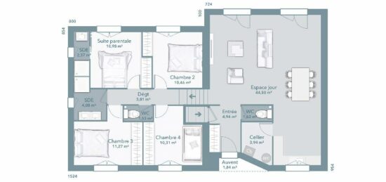 Plan de maison Surface terrain 110 m2 - 5 pièces - 4  chambres -  avec garage 