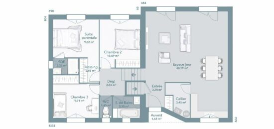 Plan de maison Surface terrain 90 m2 - 4 pièces - 3  chambres -  avec garage 