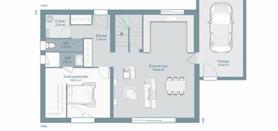 Plan de maison Surface terrain 112 m2 - 6 pièces - 4  chambres -  avec garage 