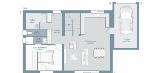 Plan de maison Surface terrain 100 m2 - 5 pièces - 3  chambres -  avec garage 