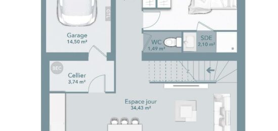 Plan de maison Surface terrain 92 m2 - 5 pièces - 3  chambres -  avec garage 