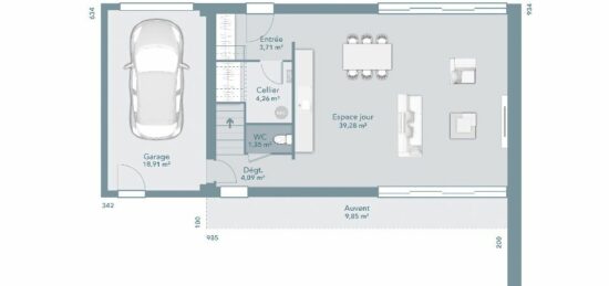 Plan de maison Surface terrain 100 m2 - 5 pièces - 3  chambres -  avec garage 