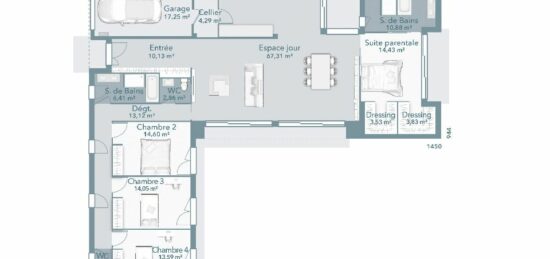 Plan de maison Surface terrain 180 m2 - 6 pièces - 4  chambres -  avec garage 