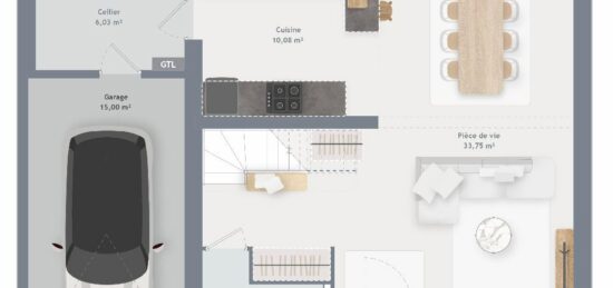 Plan de maison Surface terrain 90 m2 - 5 pièces - 3  chambres -  avec garage 