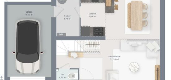 Plan de maison Surface terrain 80 m2 - 5 pièces - 3  chambres -  avec garage 