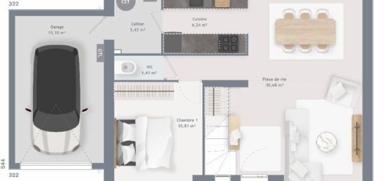 Plan de maison Surface terrain 100 m2 - 6 pièces - 4  chambres -  avec garage 