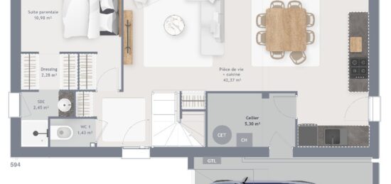 Plan de maison Surface terrain 115 m2 - 6 pièces - 4  chambres -  avec garage 