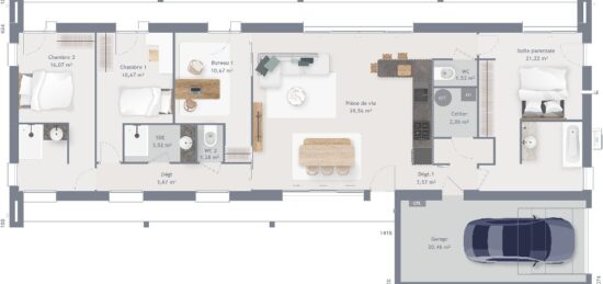 Plan de maison Surface terrain 115 m2 - 6 pièces - 3  chambres -  avec garage 