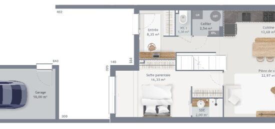 Plan de maison Surface terrain 100 m2 - 6 pièces - 3  chambres -  avec garage 