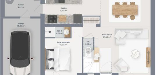 Plan de maison Surface terrain 105 m2 - 6 pièces - 4  chambres -  avec garage 