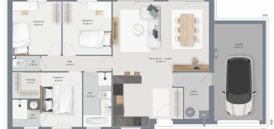 Plan de maison Surface terrain 90 m2 - 5 pièces - 3  chambres -  avec garage 