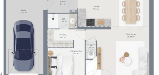 Plan de maison Surface terrain 85 m2 - 5 pièces - 3  chambres -  avec garage 