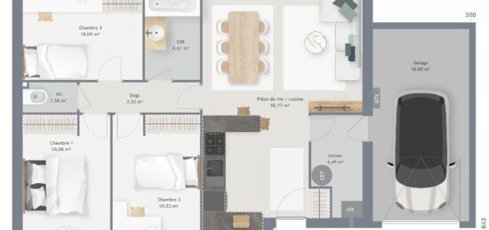 Plan de maison Surface terrain 75 m2 - 5 pièces - 3  chambres -  avec garage 