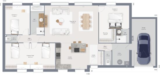 Plan de maison Surface terrain 120 m2 - 5 pièces - 4  chambres -  avec garage 