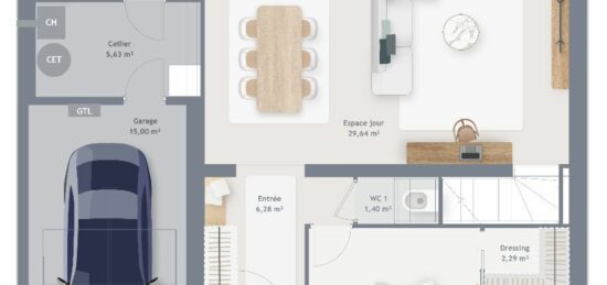 Plan de maison Surface terrain 120 m2 - 7 pièces - 4  chambres -  avec garage 