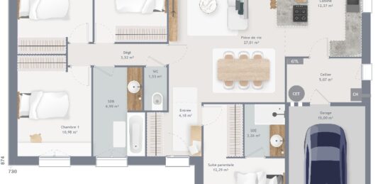 Plan de maison Surface terrain 105 m2 - 6 pièces - 4  chambres -  avec garage 