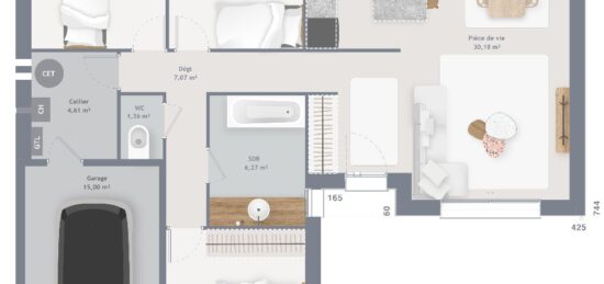 Plan de maison Surface terrain 85 m2 - 5 pièces - 3  chambres -  avec garage 