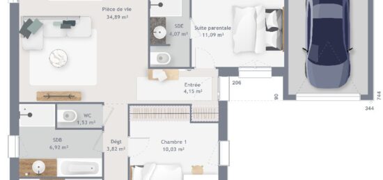 Plan de maison Surface terrain 106 m2 - 6 pièces - 4  chambres -  avec garage 