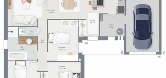 Plan de maison Surface terrain 89 m2 - 5 pièces - 3  chambres -  avec garage 