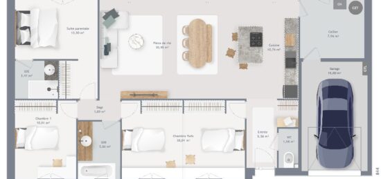 Plan de maison Surface terrain 110 m2 - 5 pièces - 4  chambres -  avec garage 