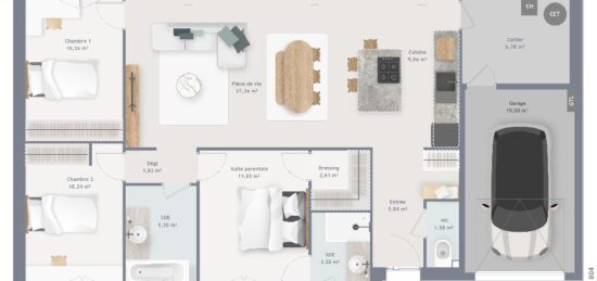 Plan de maison Surface terrain 95 m2 - 5 pièces - 3  chambres -  avec garage 